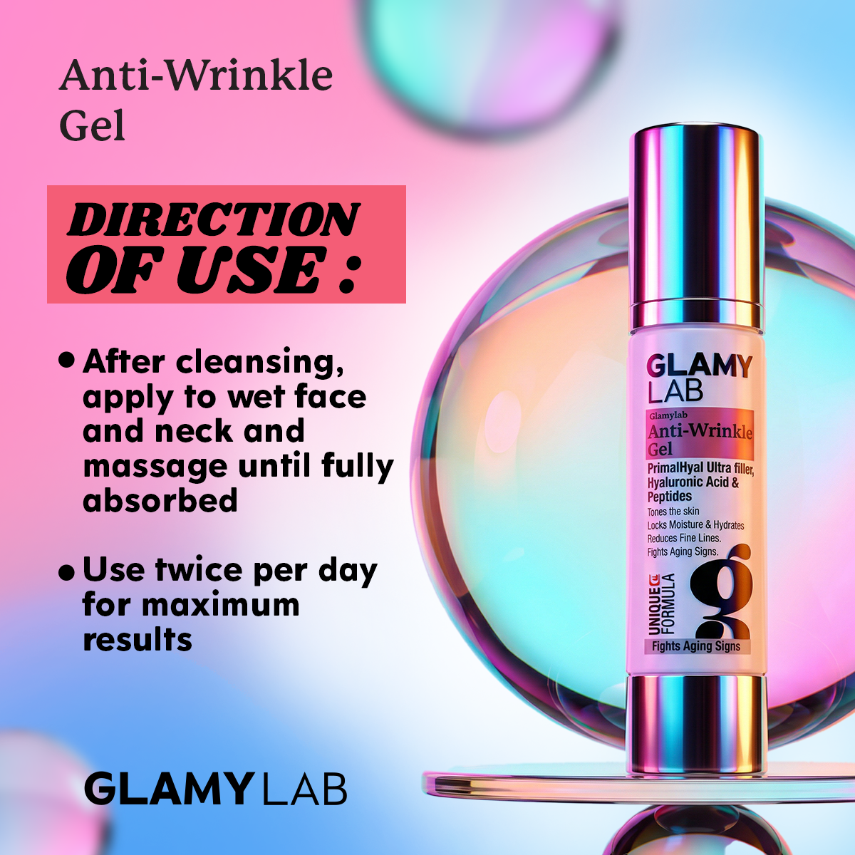 Glamy Lab anti-wrinkle gel bottle with usage instructions 