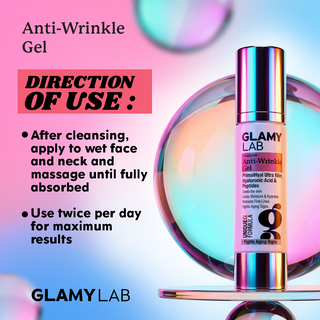 Glamy Lab anti-wrinkle gel bottle with usage instructions 