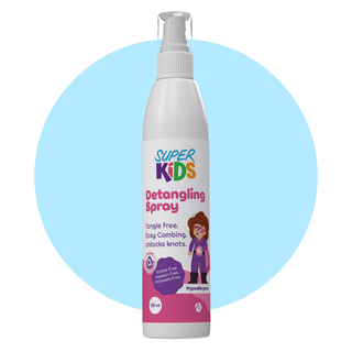 A bottle of Superkids Detangling Hair Spray 