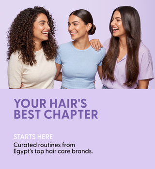 Three women with different hair types standing together with a promotional message about hair care 