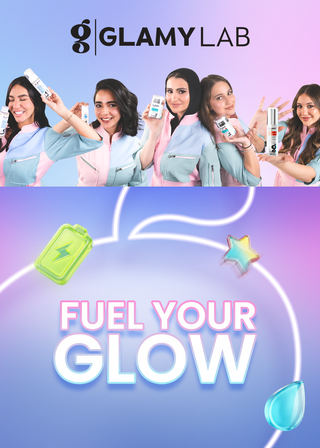 Advertisement for Glamylab with women holding products and 'Fuel Your Glow'
