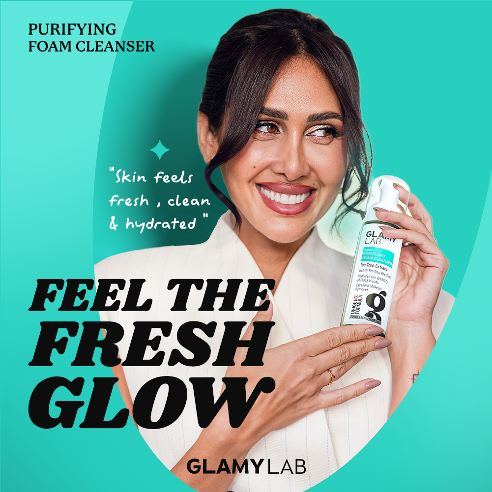 GLAMY LAB Purifying Cleanser Foam product with promotional text 'feel the fresh glow'
