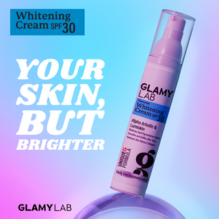 Glamy Lab Whitening Cream SPF 30 bottle with promotional text.