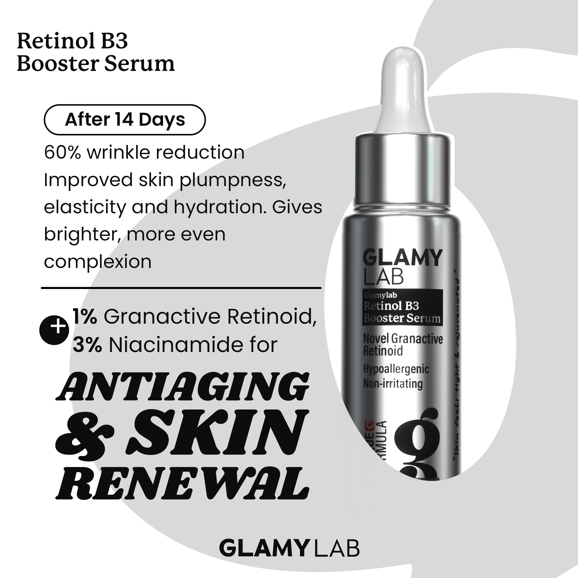 Glamy Lab Retinol B3 Booster Serum with text 'anti-aging & skin renewal benefits.' 