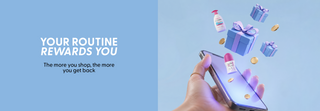 a phone with shopping app interface, products, and 'Start Earning' YOUR ROUTINE REWARDS YOU