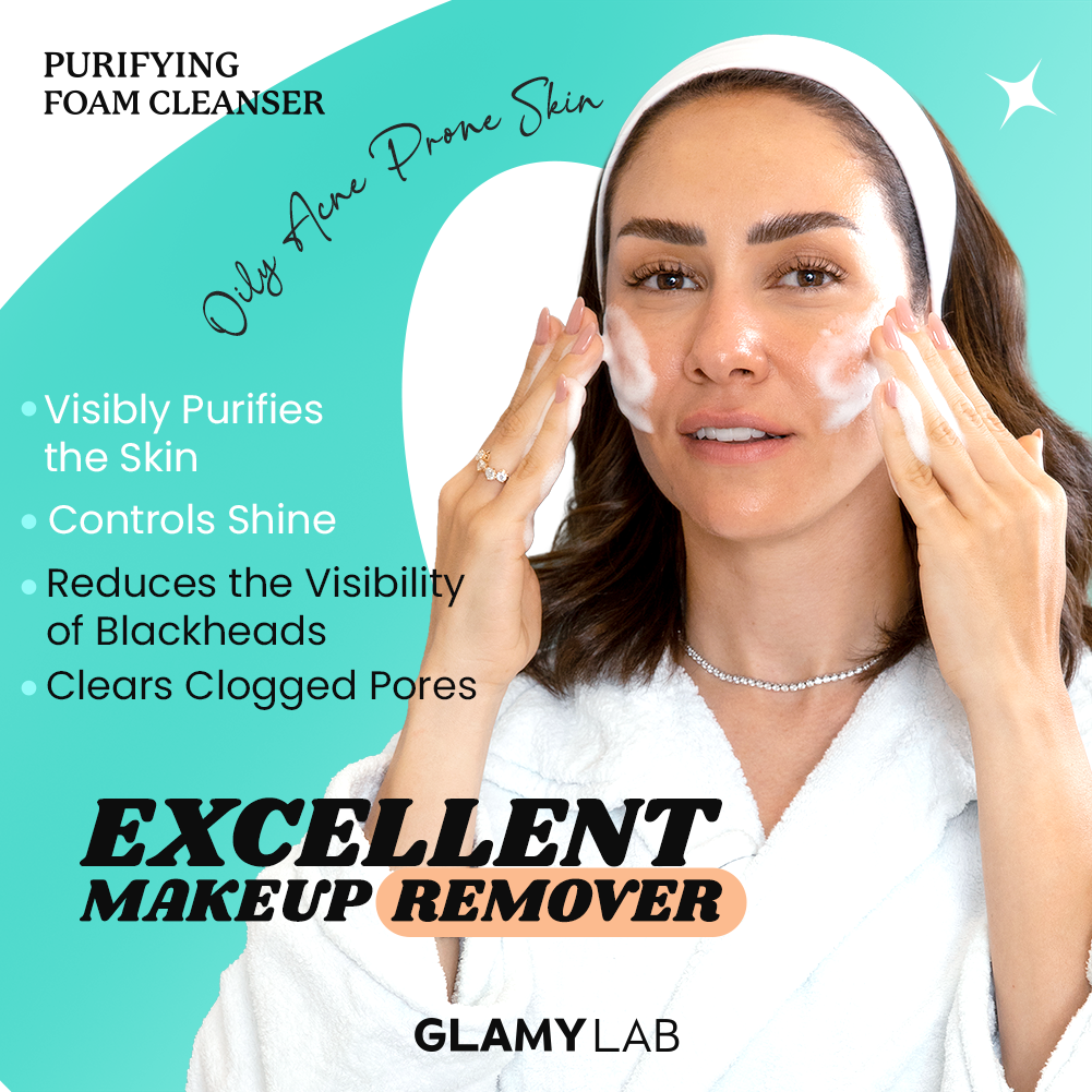 GLAMY LAB purifying foam cleanser with product benefits listed.