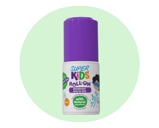 A purple roll-on deodorant bottle labeled 'Superkids' with an illustration of a child and text indicating it is fragrance-free.