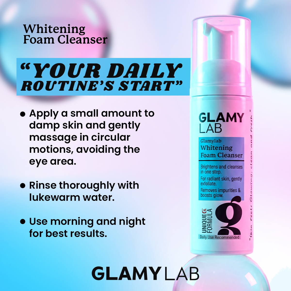Glamy Lab Whitening Foam Cleanser with usage instructions 