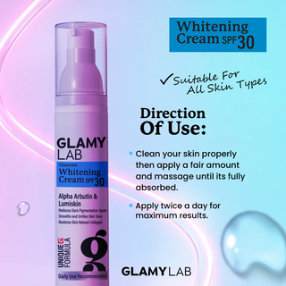 Glamy Lab Whitening Cream SPF 30 packaging with usage instructions 