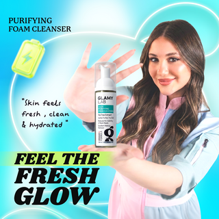 GLAMY LAB foam cleanser with promotional text 'Feel The Fresh Glow'