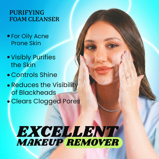 Woman applying purifying foam cleanser with product features listed 