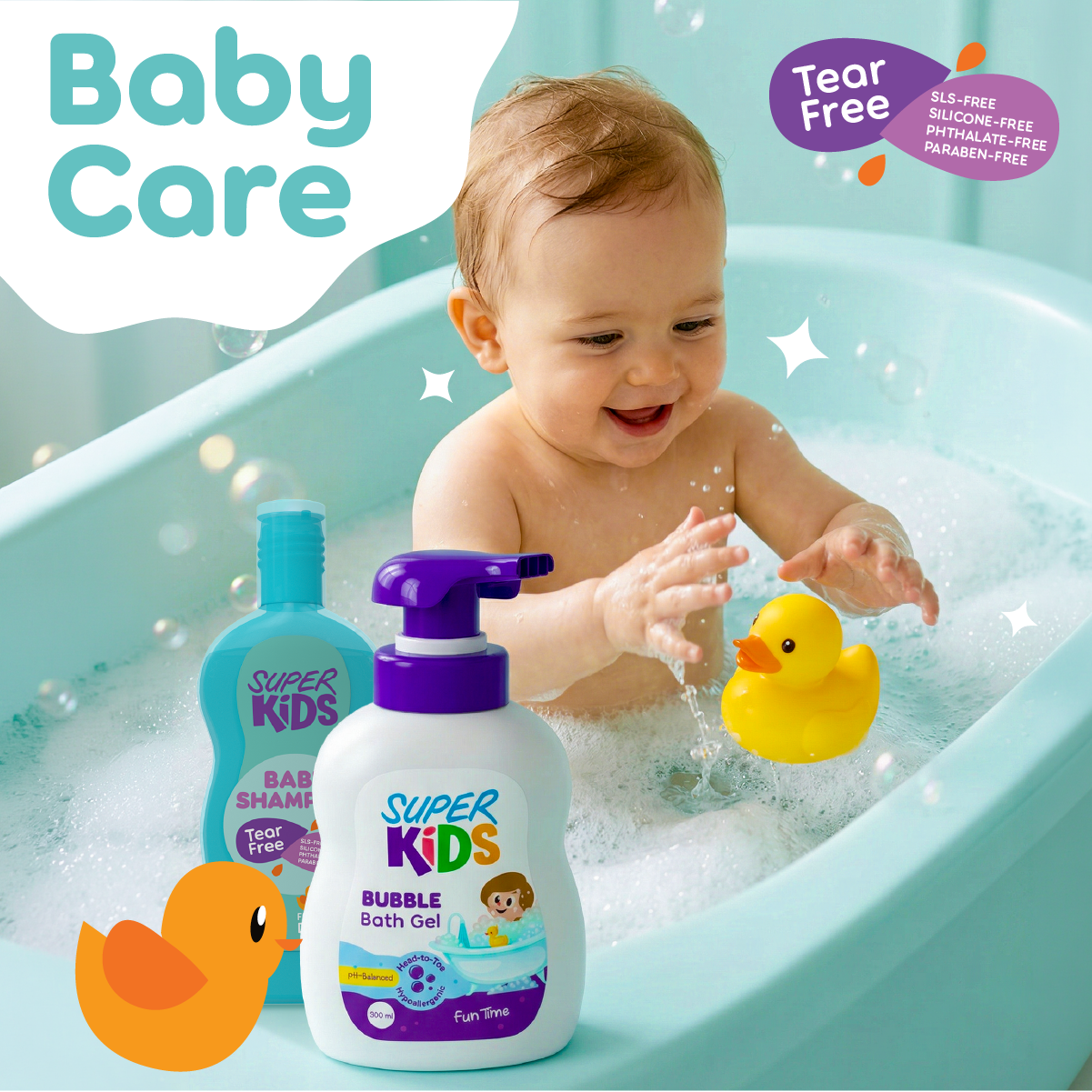 Baby playing with a yellow rubber duck in a bathtub with Super Kids bubble bath gel and shampoo.