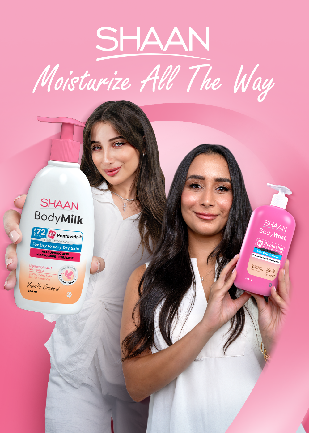 Two women holding SHAAAN BodyMilk bottles 