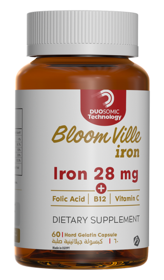 Bottle of Bloomville Iron 28 mg dietary supplement with folic acid and vitamin C, containing 60 hard gelatin capsules.