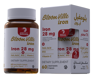 Bottle of Bloomville Iron 28 mg dietary supplement with folic acid and vitamin C, containing 60 hard gelatin capsules with packaging.