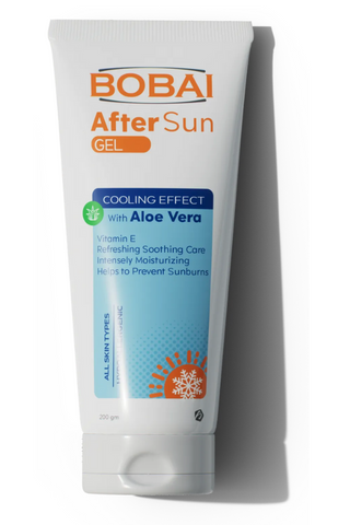 A tube of Bobai After Sun gel, indicating the cooling effect of aloe vera.