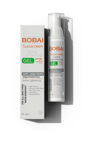 A bottle of Bobai Sunscreen Extra Lightening gel with packaging, indicating SPF 50 protection.
