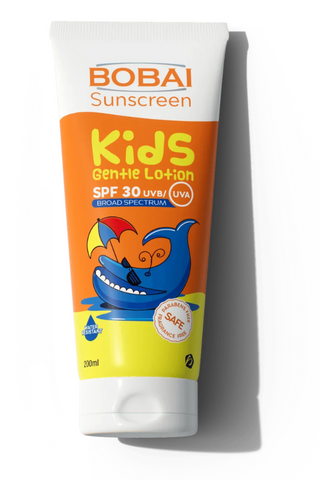 A tube of Bobai Kids Sunscreen Lotion with SPF 30, featuring a colorful design with a smiling sun character.