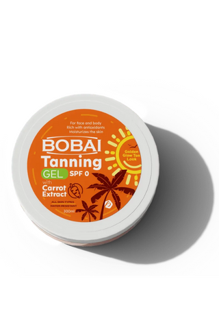 Bobai Tanning Gel with carrot extract, indicating SPF 0 protection.