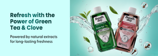 Two bottles of Breath Day mouthwash, green tea, and clove 'refresh with the power of green'