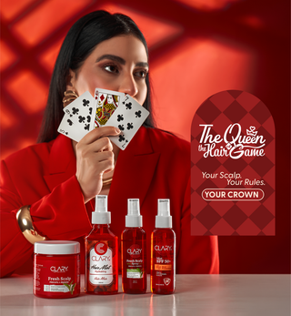 Woman holding playing cards with Clary hair care products, 'the queen of the hair game.'