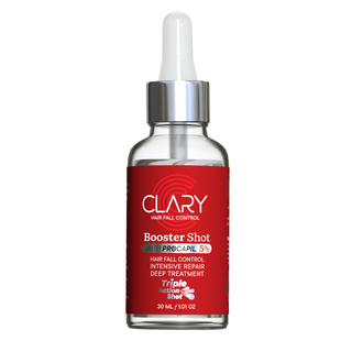 A bottle of Clary Hair Booster Shot with a dropper, labeled for hair fall control and intensive repair.