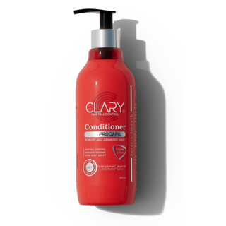 A red bottle of Clary hair conditioner 
