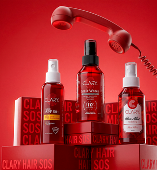 Clary hair care products with a red phone.