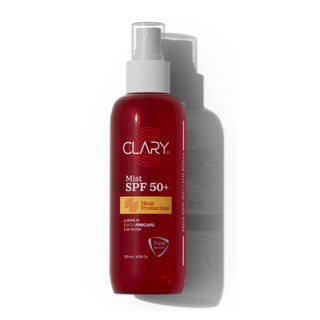 A bottle of Clary Hair Mist SPF 50+ indicating the product's function and protection level.