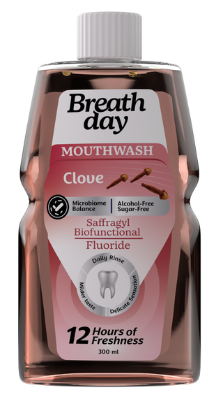 Bottle of Breath Day mouthwash with clove flavor 