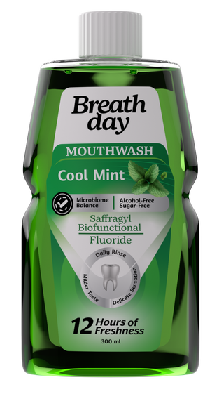 Bottle of Breath Day mouthwash with cool mint flavor 