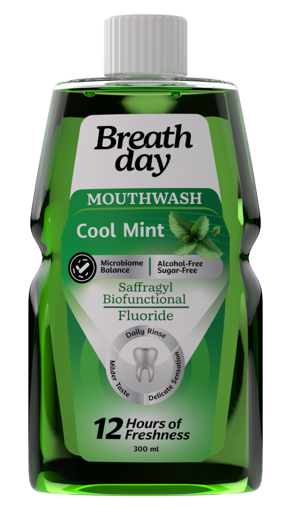 Bottle of Breath Day mouthwash with cool mint flavor 