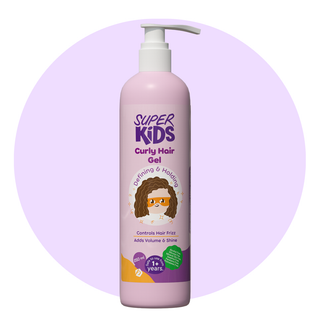 A bottle of Superkids Curly Gel, which is a hair styling product for adding moisture and shine to curly hair. 