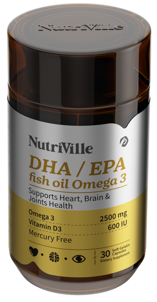 NutriVille DHA/EPA fish oil Omega 3 supplement bottle