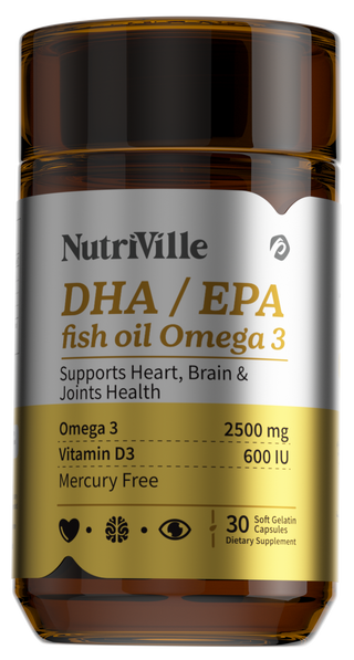NutriVille DHA/EPA fish oil Omega 3 supplement bottle