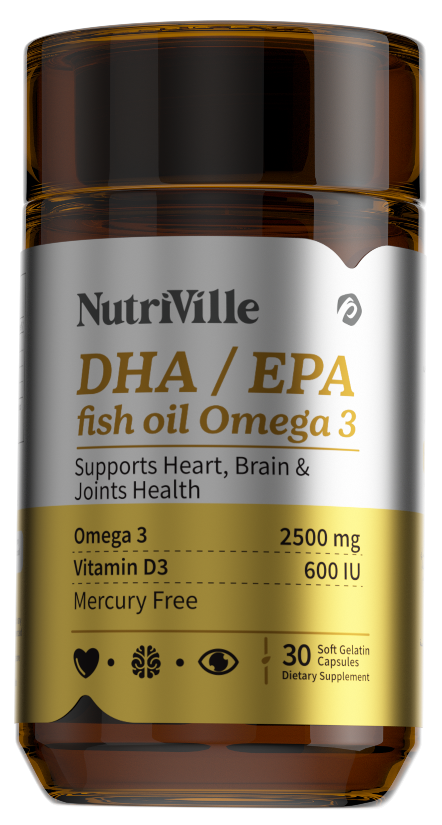 NutriVille DHA/EPA fish oil Omega 3 supplement bottle