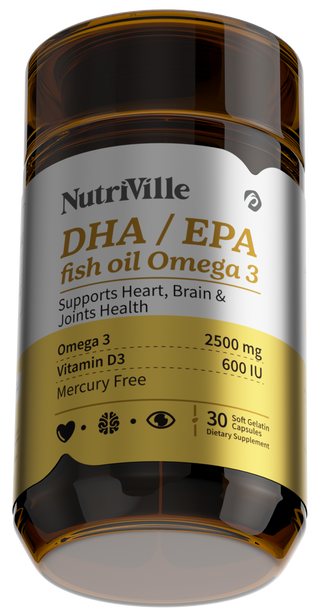NutriVille DHA/EPA fish oil Omega 3 supplement bottle