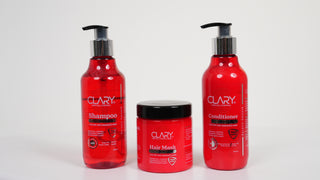 Set of Clary hair care products including shampoo, conditioner, and hair mask.