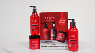 Clary hair care product set including shampoo, conditioner, and hair mask with packaging.