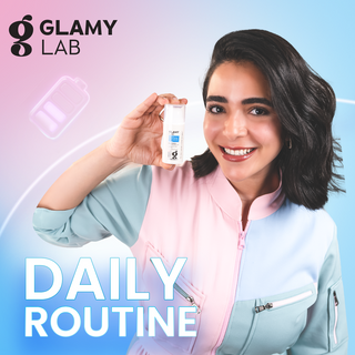 Woman holding Glamy Lab eye contour product with 'Daily Routine' 