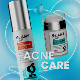 Two skincare products from Glamy Lab with 'Acne Care' text.