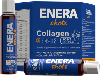 The image shows a box and a bottle of Enera Shots Collagen supplement. The box is blue with white and orange text, and the bottle is clear with a label.