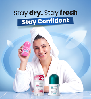 skincare products with text 'Stay dry. Stay fresh. Stay Confident' 