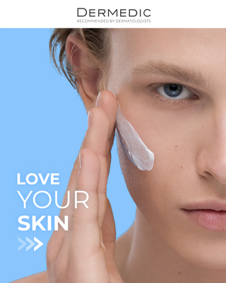 Person applying cream to their face, featuring the brand 'Dermedic'.