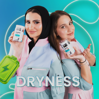 Two women holding GLAMY products  with 'DRYNESS' text.