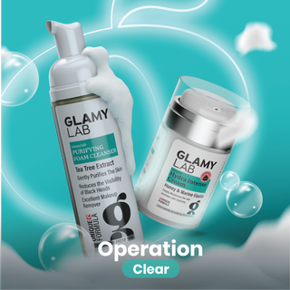 Two GLAMY LAB skincare products purifying foam cleanser, and hydra intense fragrance free cream.