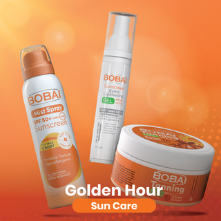 Bobai Sunscreen's tanning products, including a spray, gel, and tanning gel 'Golden Hour' 