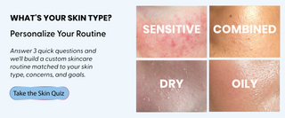 Skincare quiz to determine skin type with images of sensitive, combined, dry, and oily skin.