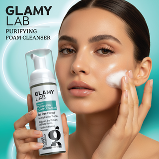 Woman applying GLAMY LAB purifying foam cleanser to her face.