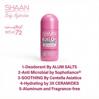 SHAAN body hydration Pink roll-on deodorant bottle with benefits